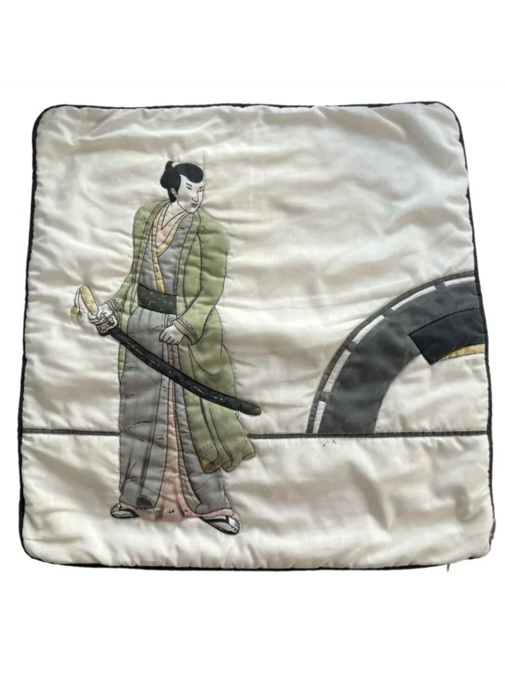 Vintage Handpainted Quilted Japanese Kenshi Swordsman Scenic Throw Pillow Cover